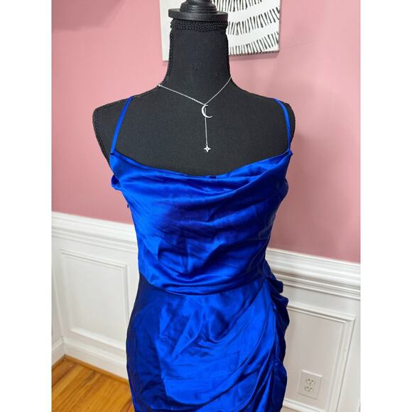 Amanda Uprichard Jasalina Dress in Branson Blue Large Satin Backless Cross Strap - Picture 5 of 10